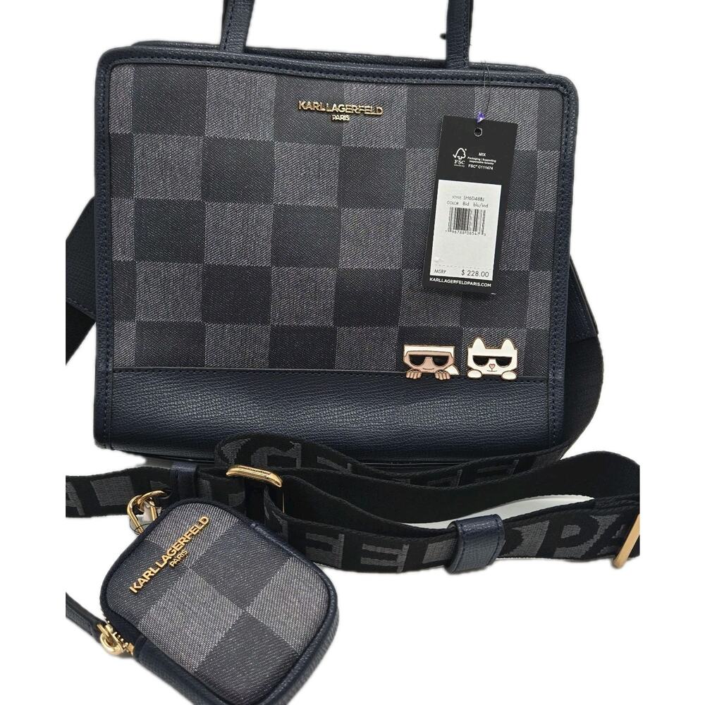 Karl Lagerfeld MAYBELLE Karl & Cat Crossbody Convertible Check Purse NEW Blue